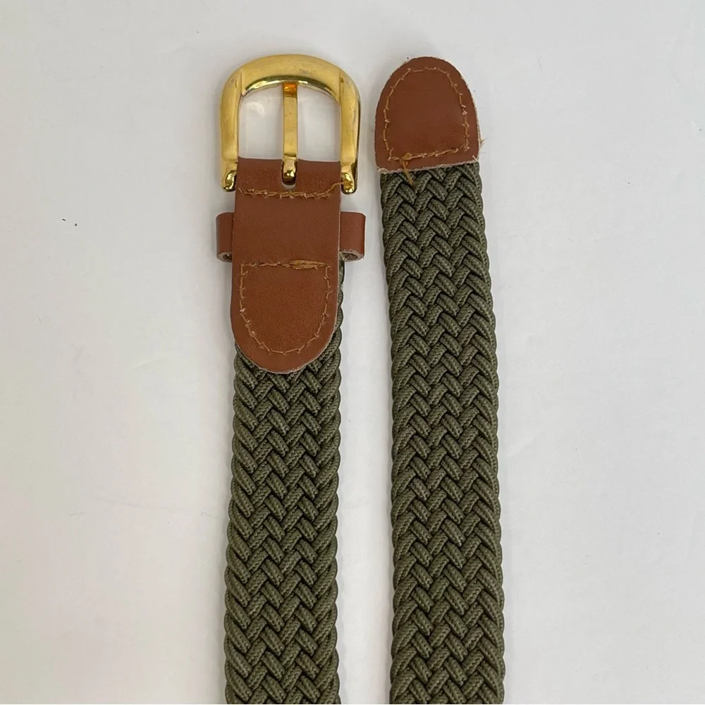 Army Green Stretchy Woven Youth Belt Brown Trim Brass Buckle Big Boy 28-30